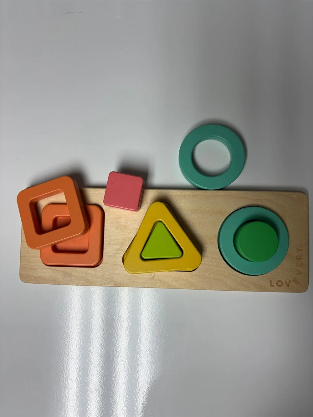 Lovevery Wooden Shape Sorting Board – Orange, Yellow, Teal